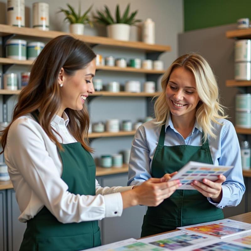 Đội ngũ tư vấn viên Green House đang hỗ trợ khách hàng chọn màu và loại sơn Mykolor phù hợp