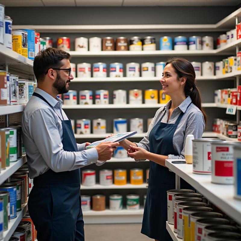 Hình ảnh bên trong cửa hàng sơn với đa dạng sản phẩm và khu vực tư vấn chuyên nghiệp.