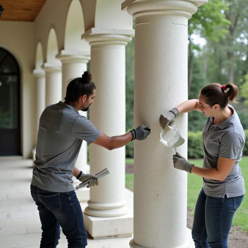 Đội ngũ kỹ thuật viên Green House đang thi công sơn giả đá trên bề mặt cột, đảm bảo chất lượng và thẩm mỹ cao