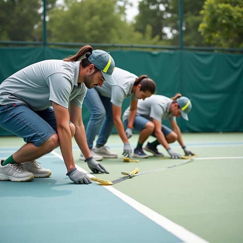 Đội ngũ Green House thi công sơn sân tennis theo quy trình chuẩn, đảm bảo chất lượng cao và thẩm mỹ.