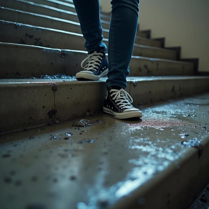 Hình ảnh cầu thang trơn trượt nguy hiểm cần sơn chống trượt để đảm bảo an toàn