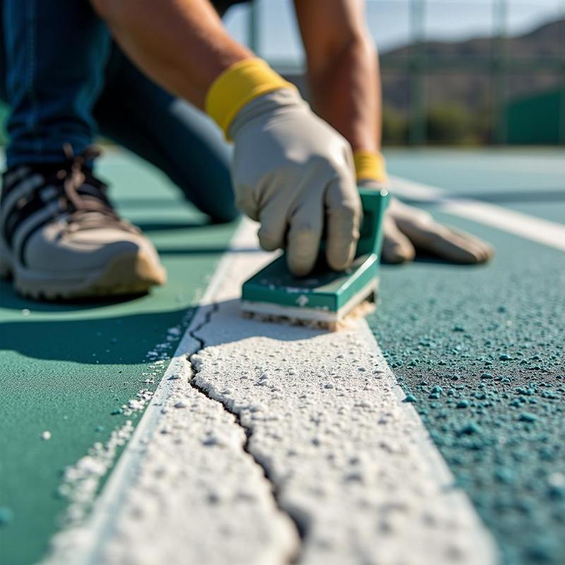 Hình ảnh nhân viên đang vệ sinh và xử lý các vết nứt trên bề mặt sân tennis trước khi thi công sơn chuyên nghiệp