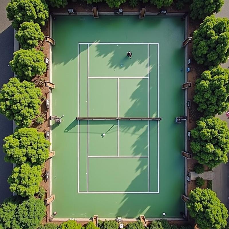 Hình ảnh tổng thể một sân tennis đã hoàn thành việc thi công sơn và kẻ vạch chuẩn thi đấu