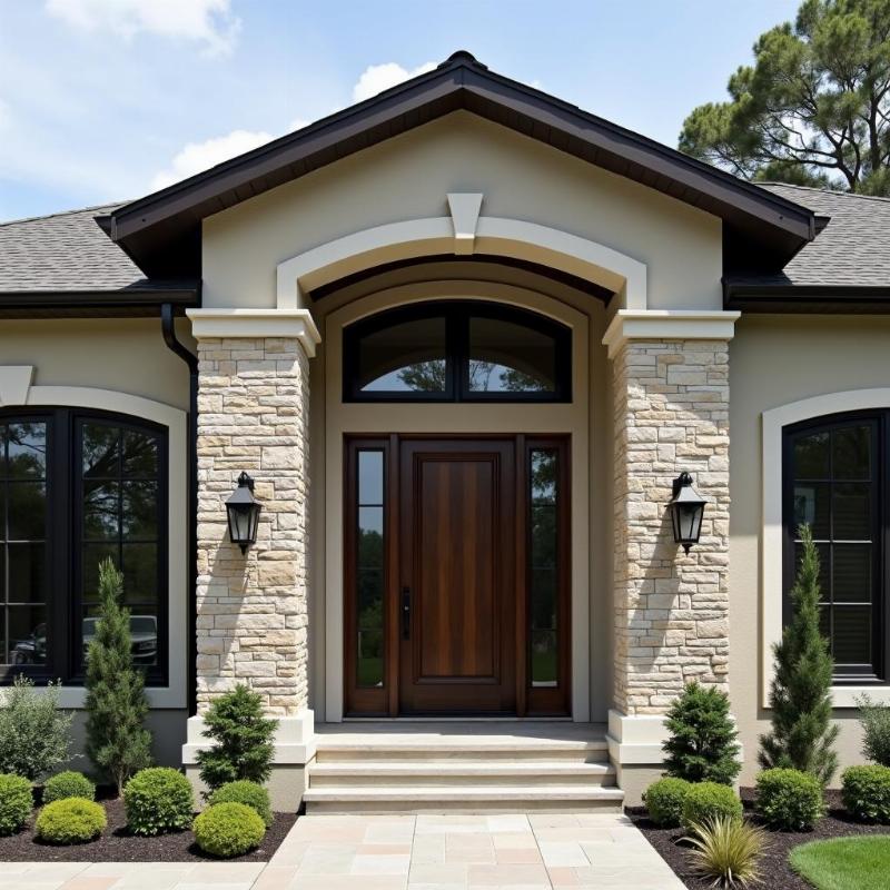 Công trình nhà ở sử dụng sơn giả đá ngoại thất trang trí mặt tiền và cột, tạo vẻ đẹp sang trọng