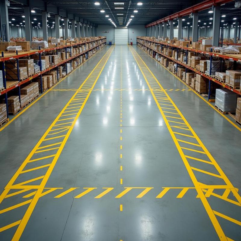 Minh họa khu vực nhà xưởng được kẻ vạch rõ ràng giúp phân khu an toàn, tối ưu hóa không gian và tăng hiệu quả hoạt động