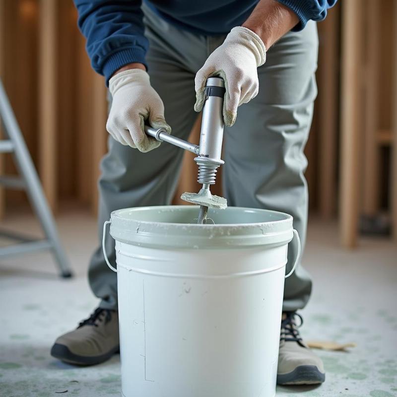 Thợ sơn chuyên nghiệp đang sử dụng máy khuấy sơn cầm tay để trộn đều thùng sơn lớn trước khi thi công