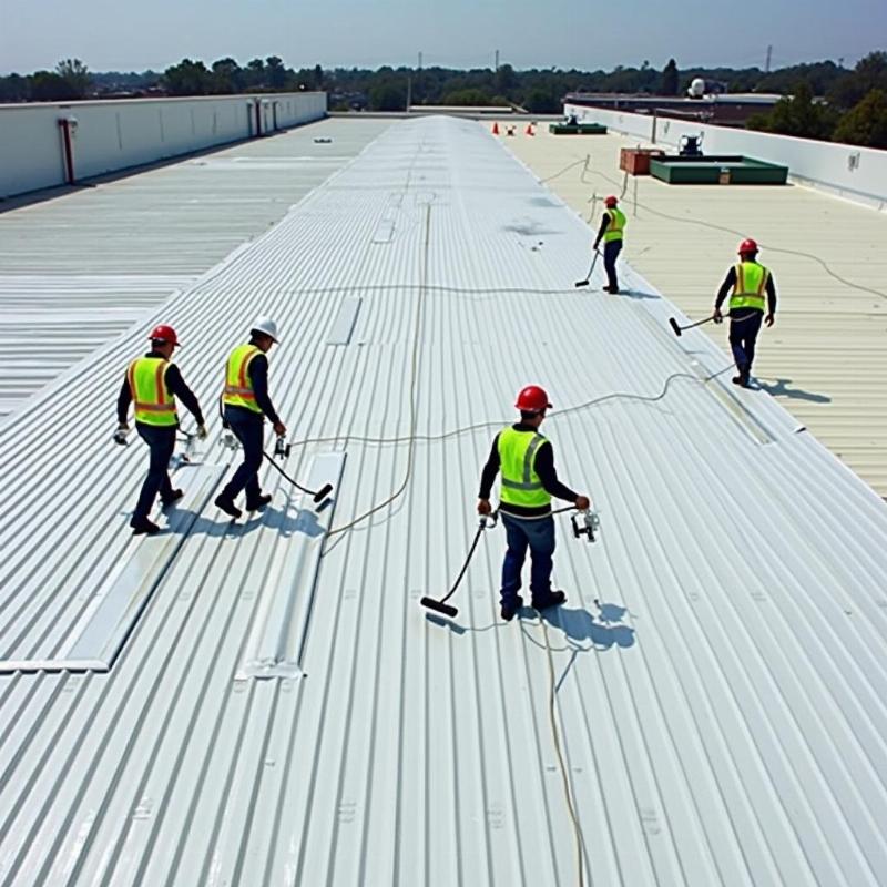 Đội ngũ thợ chuyên nghiệp của Green House đang thi công sơn chống nóng mái tôn nhà xưởng