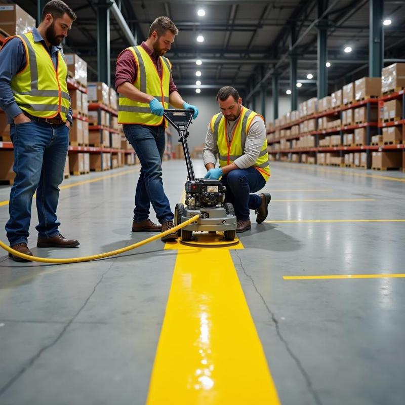 Đội ngũ chuyên nghiệp thi công sơn kẻ vạch trên sàn bê tông nhà xưởng theo đúng quy trình chuẩn