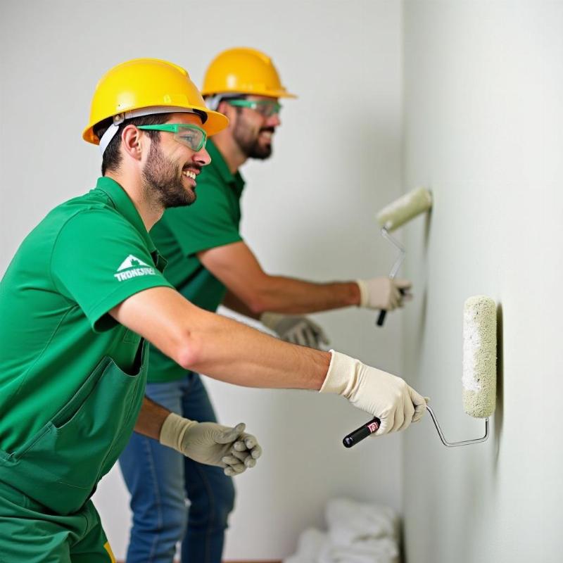 Thợ sơn nhà chuyên nghiệp của Green House đang thi công cẩn thận