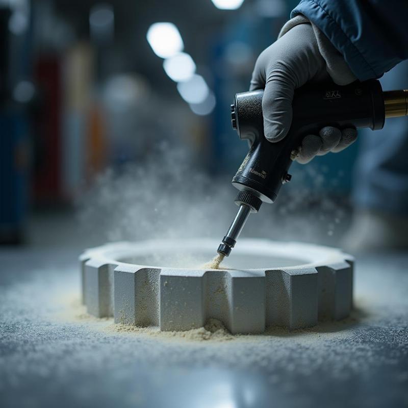 Thợ sơn chuyên nghiệp sử dụng súng sơn tĩnh điện để phủ lớp bột sơn bền lên các chi tiết kim loại