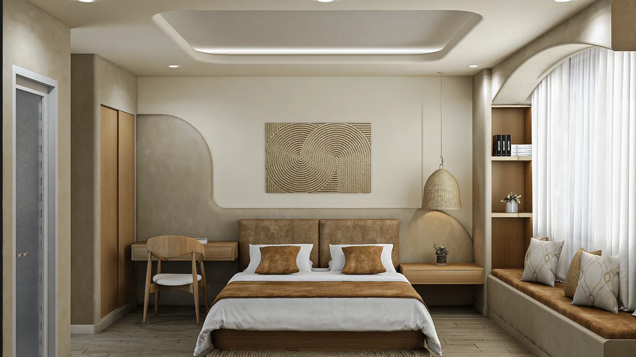 sơn hiệu ứng wabi sabi đầu giường phòng ngủ